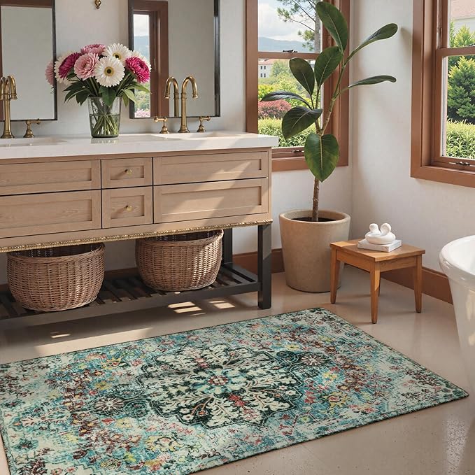 Lahome Bohemian Floral Medallion Area Rug - 3x5 Washable Bedroom Rug Entryway Mat, Non Slip Pet Friendly Turkish Nursery Carpet for Kitchen Sink Camper Couch Living Dining Room Office Hardwood