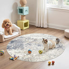 4ft Round Area Rug Living Room Rugs - 4x4 Washable Large Soft Indoor Neutral Modern Abstract Low Pile Rug Carpet for Bedroom Dining Room Farmhouse Home Office - Beige Blue