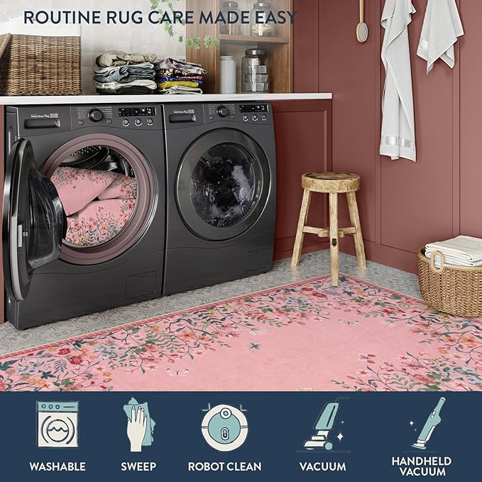 Lahome Boho Floral 5x7 Pink Rugs for Bedroom Girls, Non Slip Washable Nursery Rugs for Living Room, Pastel Indoor Throw Carpet for Dorm Classroom Playroom(Pink,5x7)
