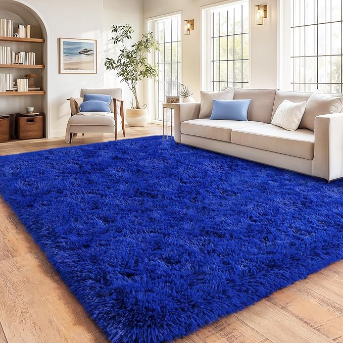 Large Fuzzy Rug 8x10 Feet Blue Fluffy Rug for Living Room, Big Plush Non-Skid Shag Carpet, Soft Shaggy Rugs for Bedroom Indoor Modern Home Decor