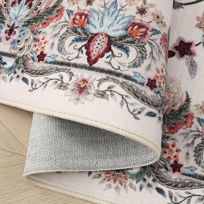 Rugcomf Vintage Paisley Rugs for Living Room 5'x7' - Machine Washable Area Rug, Non-Slip Low Pile Floral Carpet for Bedroom, Dining Room, Farmhouse, Office, Kids Playroom - Beige