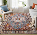 Washable Area Rugs 5x7, Low Pile Soft Vitnage Distressed Rug for Bedroom, Living Room, Dining Room, Non-Slip, Low Pile, Rust Brown