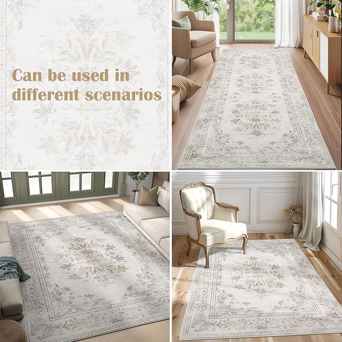 jinchan Floral 2x3 Rug for Entryway - Vintage Washable Area Rug Ultra-Thin Low Pile Soft Small Non Slip Distressed Indoor Door mat Accent for Entrance Kitchen Bedroom Bathroom (2x3ft, Light Grey)