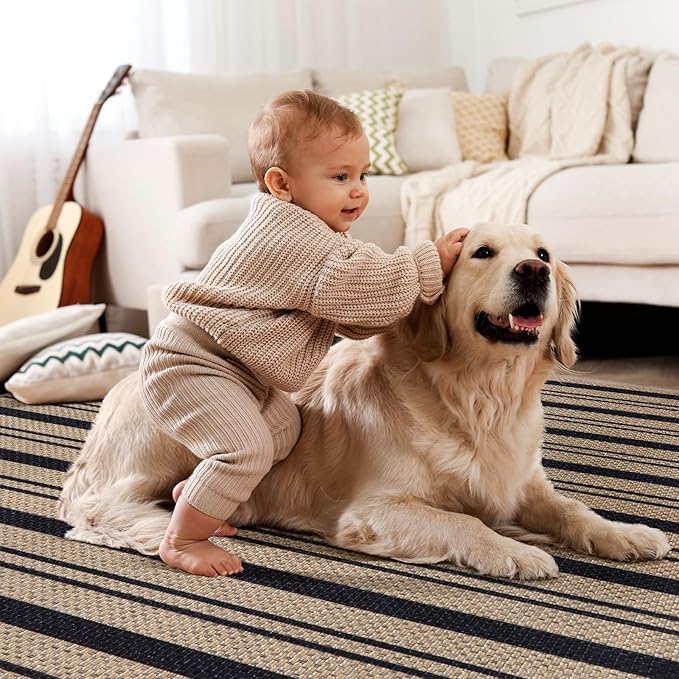 Tangsoo Stripe Easy Jute Rug,Ultra Thin 2x3 Outdoor Rug for Entryway,Non-Slip Washable Small Rug Modern Front Door Mat Throw Carpet for Kitchen Bedroom Porch Doorway