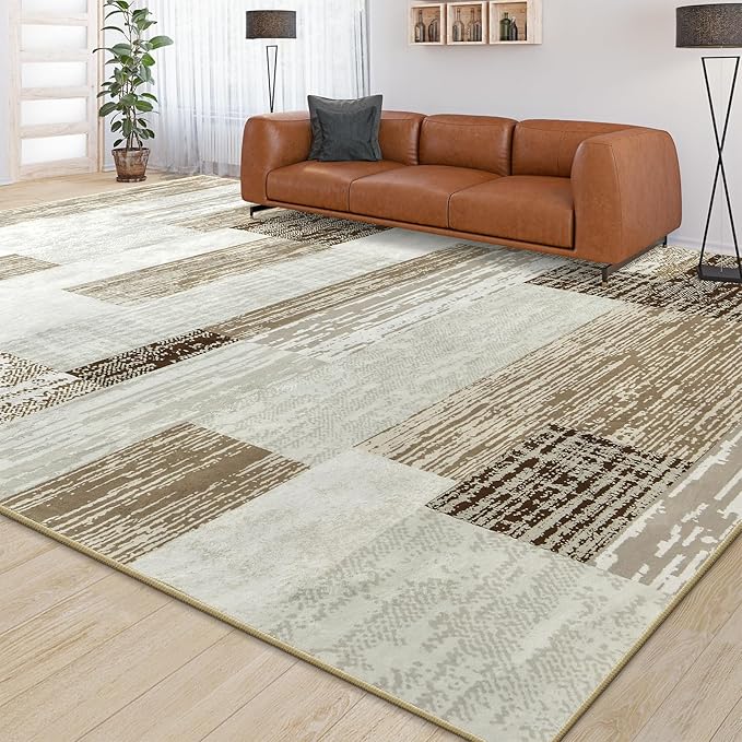 Large Area Rugs,Modern Geometric Patchwork Floor Decor for Bedroom Aesthetic Carpet, Rockwood Collection, Indoor Rugs for Living Room, Dining Room, Nursery, Office, Machine Washable Rug,5x8 Ft Beige