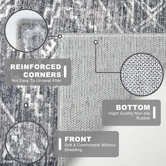 KILOCOCO Boho Kitchen Runner Rug 2x5 Washable Runner Rug Soft Runners for Hallways Non Slip Printed Distressed Laundry Room Rugs, Low-Pile Runners for Entryway Bedroom Living Room, Grey
