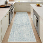 Blue Runner Rug 3x14 Hallway Machine Washable Kitchen Vintage Distressed Non Slip Long Carpet Indoor Retro Floral Bedroom Accent Throw Rug for Bathroom Office Laundry Dining Living Room