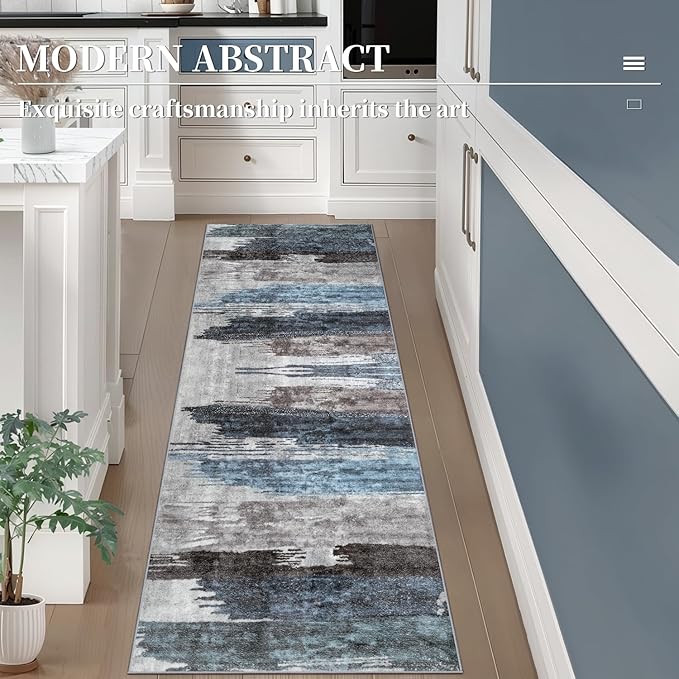 Ciicool 2x6 Washable Runner Rug, Modern Abstract Hallway Rugs Runner, Non-Slip Thin Accent Rug Lightweight Navy Grey Print Distressed Carpet for Laundry Entryway Bedroom Kitchen Bathroom Indoor