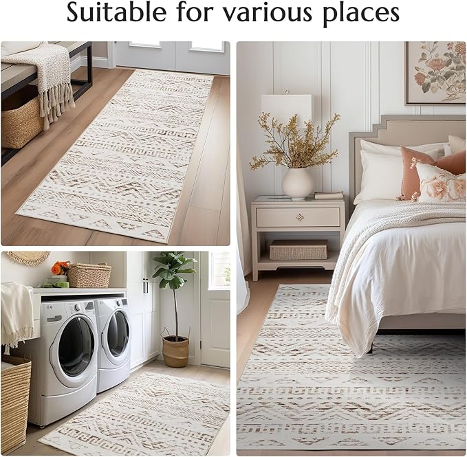jinchan Boho 4x6 Neutral Area Rugs - Machine Washable Moroccan Soft Throw Rug Bohemian Diamond Design Non-Slip Carpet for Bedroom Entryway Living Room Kitchen Dining Room (4‘x6', Mocha)