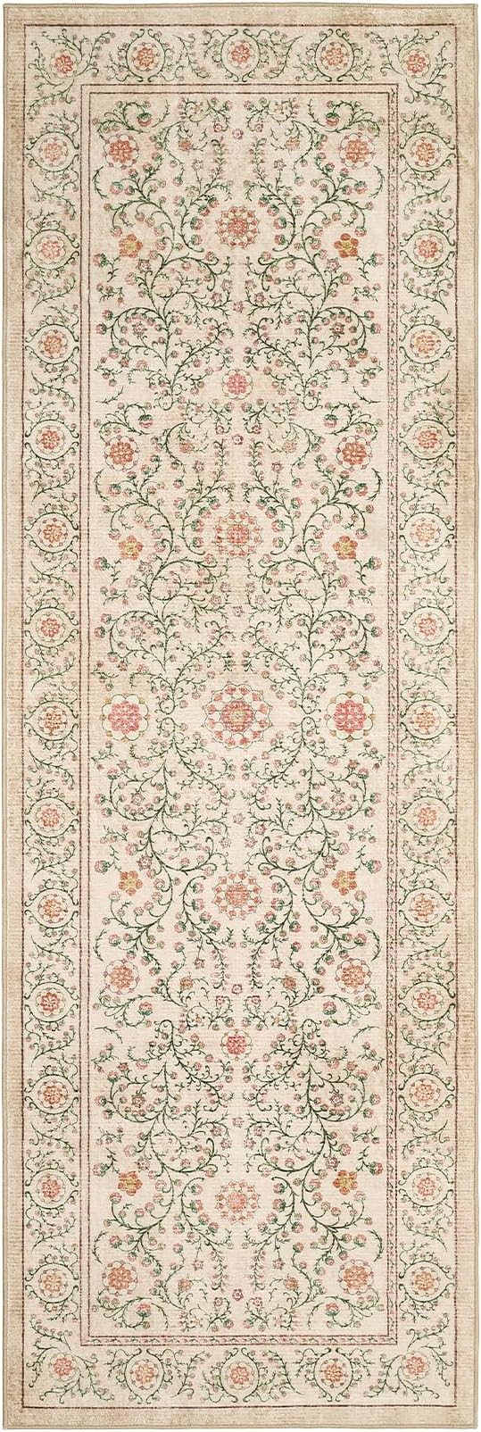 GarveeHome Boho 2x6 Runner Rug for Hallways Non Slip, Vintage Botanical Kitchen Rugs Washable Area Rug for Entryway Stain Resistant, Low Pile Soft Runner Camel Carpet for Bedroom Floor Laundry Room