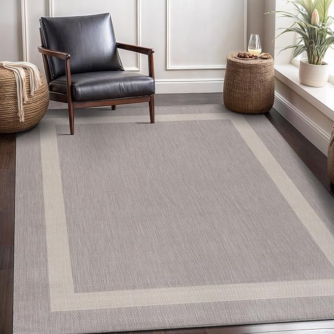 CAMILSON Outdoor Rug 6x9,Modern Outside Rugs for Patios Porches Waterproof Durable Washable Non-Shedding, Easy-to-Clean Indoor Outdoor Area Carpet (6 x 9, Bordered - Gray/White)