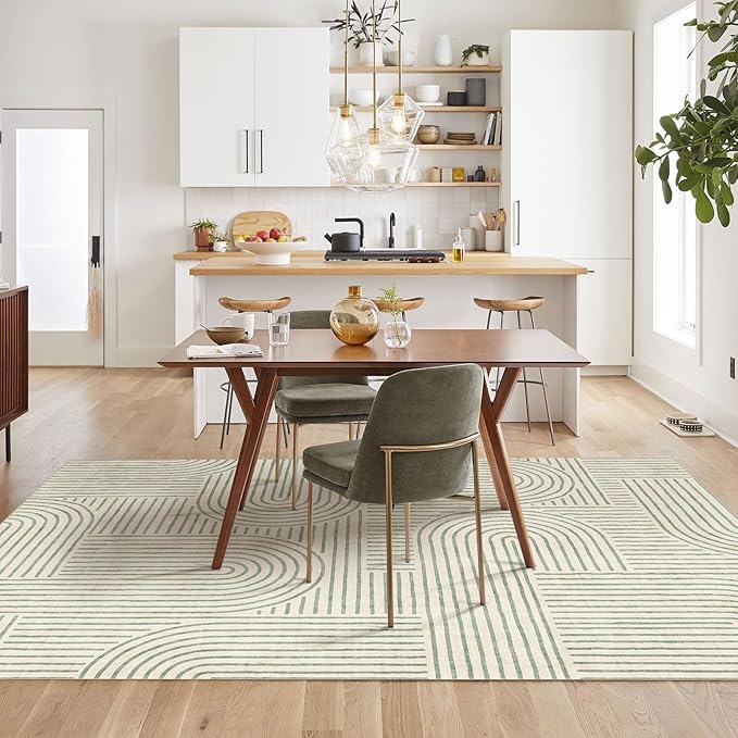 Washable 4x6 Area Rug - Boho Living Room Rug Soft Modern Rugs for Bedroom Ultra-Thin Sage Green Abstract Rainbow Dining Room Rugs Indoor Carpet for Living Room Nursery Room