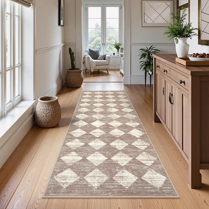 Lahome Trellis 2x7 Washable Kitchen Bathroom Runner Rug, Non Skid Runners for Hallways with Rubber Backing, Moroccan Entryway Carpet Runner for Laundry Room Foyer Bedside, Beige