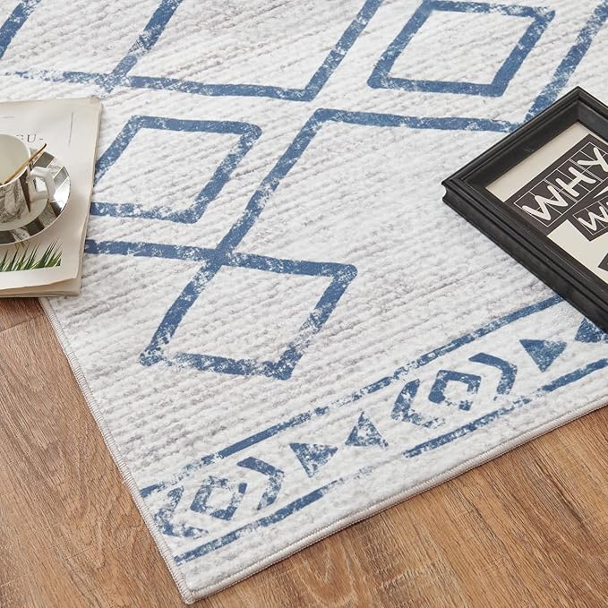jinchan Moroccan 2x3 Rug for Entryway - Machine Washable Rug Modern Geometric Kitchen Soft Faux Wool Non-Slip Indoor Doormat Ultra-Thin Carpet for Entrance Bathroom Bedroom Living Room (2x3ft, Blue)