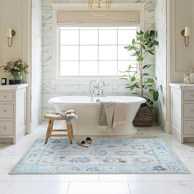 Fame Living Cream Blue Oushak Rug, Modern, Vintage, Turkish, Eclectic, Floral, Pastel, Washable, Large Area Rugs for Living Room, Dining, Bedroom, Girls, Boys, 7'5"x9'8"