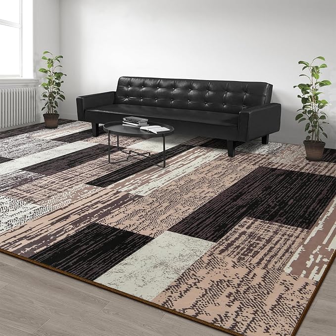 Large Area Rugs,Modern Geometric Patchwork Floor Decor for Bedroom Aesthetic Carpet, Rockwood Collection, Indoor Rugs for Living Room Dining Room Nursery Office Machine Washable Rug, 8x10 Ft Chocolate