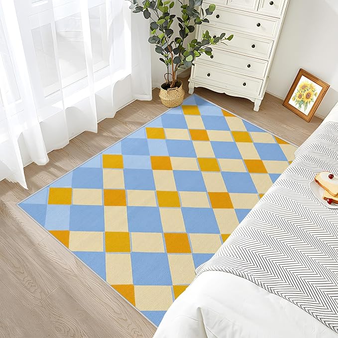 Checkerboard Large Rug - 7x9 Area Rug - Retro Geometric Rugs for Living Room Non Slip Low Pile Machine Washable Dining Room Rugs, Checkerboard Carpet Home Decor & Gifts