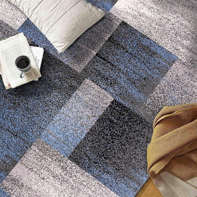 Rugshop Blue Modern Distressed Boxes Area Rug — Non-Shedding for Bedroom, Home Office and Entryway 3' x 5'