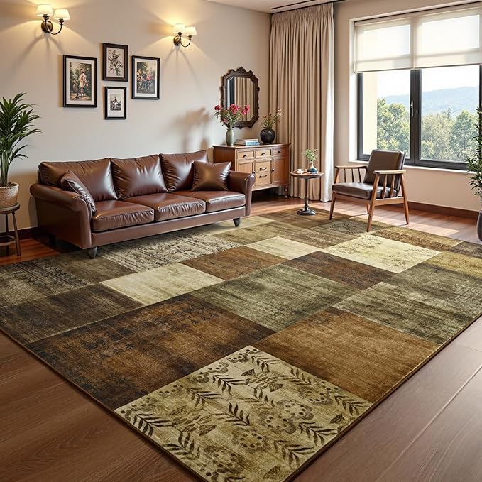 DweIke Large Modern Washable Area Rugs 8x10, Living Room Rug Non-Slip and Non-Shedding Large Rugs for Bedroom, Low Pile Indoor Rubber Backed Carpets for Dining Office Home Decor, Brown