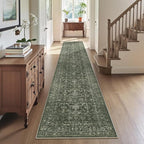 2x10 Hallway Washable Runner Rug Vintage Green Boho Extra Long Runners for Kitchen, Bathroom, Distressed Floral Floor Mat Non-Slip Farmhouse Carpet