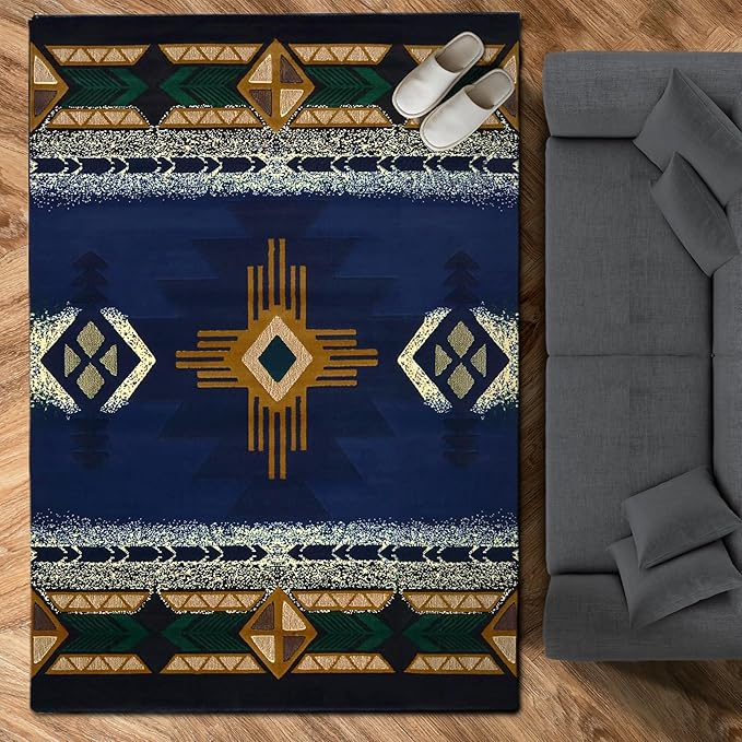 YHSF South West Native American Area Rug C318 (Navy Blue, 8 Feet x 10 Feet)