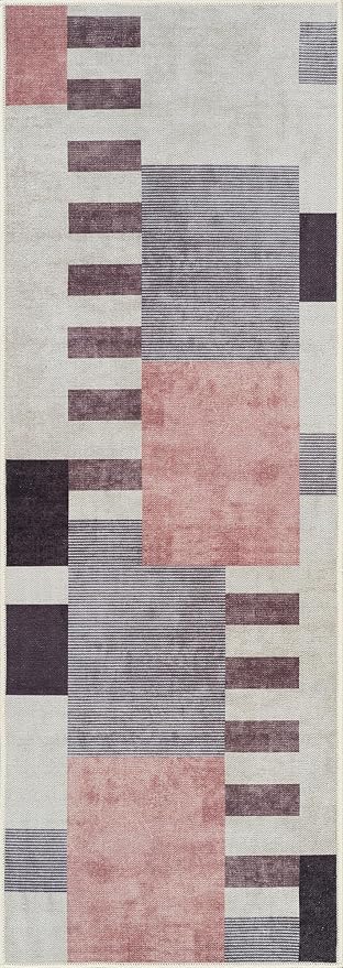 Bloom Rugs Washable Non-Slip 12 ft Runner - Beige/Pink Modern Geometric Runner for Entryway, Hallway, Bathroom, and Kitchen - Exact Size: 2.5' x 12'