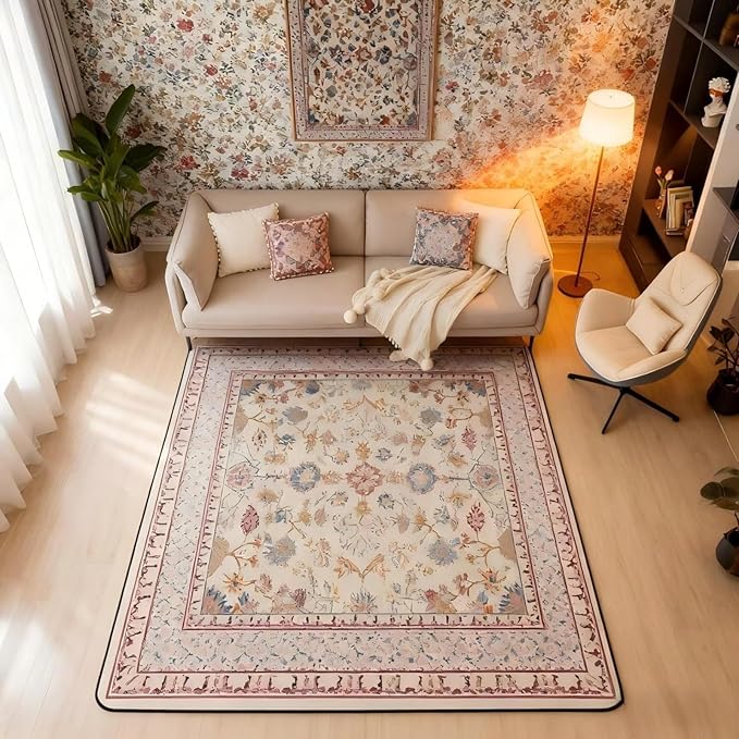Boho 5x7 Area Rug Vintage Floral Living Room Rug | Art Deco Abstract Rugs for Bedroom, Retro Tribal Aesthetic Oriental Carpet Indoor Floor Mat