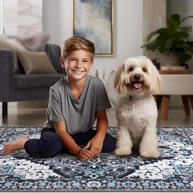 8x10 Area Rugs for Living Room, Machine Washable Non-Slip Low Pile Faux Wool Boho Vintage Carpet, Non-Shedding Large Rug for Bedroom Dining Room Office, Black