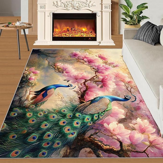 Peacock Magnolia Rug Small - 4x5 Rug, Pink Magnolia Washable Rugs for Living Room, Classic Carpet, Peafowl Non-Slip Area Rugs for Bedroom, Aesthetics Carpet - Peafowl Home Decor & Gifts