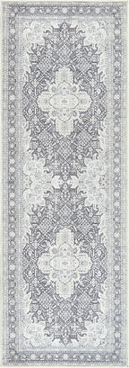 Bloom Rugs Washable Non-Slip 10 ft Runner - Charcoal Blue Traditional Medallion Runner for Entryway, Hallway, Bathroom, and Kitchen - Exact Size: 2.5' x 10'