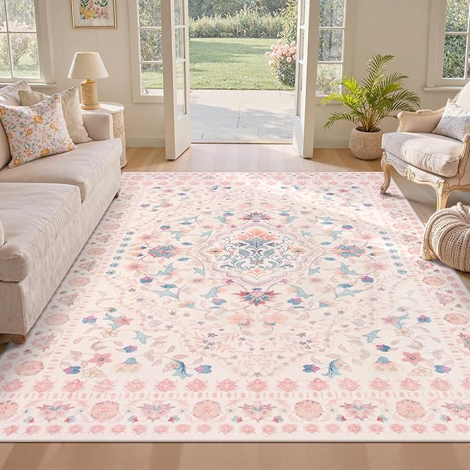 Wonnitar Boho Floral 8x10 Pink Area Rug, Washable Kids Rugs for Bedroom, Large Ultra-Thin Soft Non Slip Carpet for Nursery Living Room Playroom Classroom, Pastel Pink