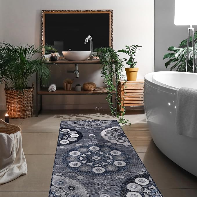 CAMILSON Runner Outdoor Rugs Oriental Retro Traditional Floral Medallion Area Rug 2x10 Non-Shedding Stain Resistant Indoor Carpet for Bathroom Hallway Kitchen Office (2 x 10 / Navy Blue)