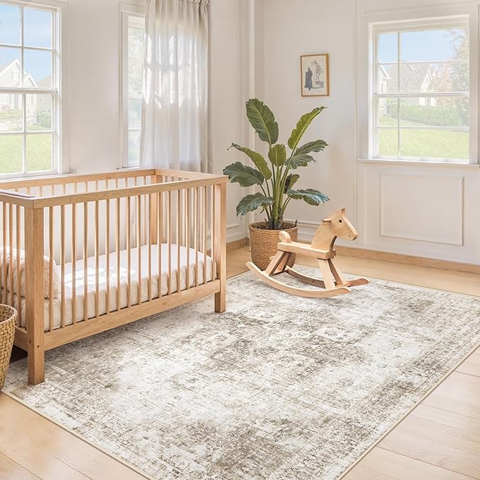 Area Rug 3x5 Washable Rug, Vintage Boho Medallion Entryway Rug Non-Slip Soft Low Pile Small Distressed Floor Carpet Retro Doormat for Kitchen Bedroom Laundry Bathroom Hallway (Taupe, 3'x5')