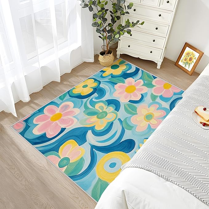 Floral Rug 3x5 - Modern Artistic Flower Rugs for Bedroom Non Slip Low Pile Machine Washable Area Rugs for Living Room Kitchen, Floral Carpet House Decor & Gifts
