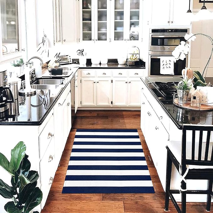 KOZYFLY Striped Outdoor Rug 3x5 Ft Front Door Rug Navy and White Hand Woven Cotton Blue Washable Outdoor Doormats Outdoor Entrance Mat for Front Door Kitchen Entryway Patio Front Porch Decor