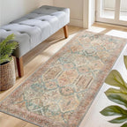 Bavni Runner Rug 2x10 Kitchen Rug for Hallways Entryway, Washable Rug Vintage Print Carpet, Ultra-Thin Chenille Low Pile Lightweight Rug with Non Slip Backing, Clay