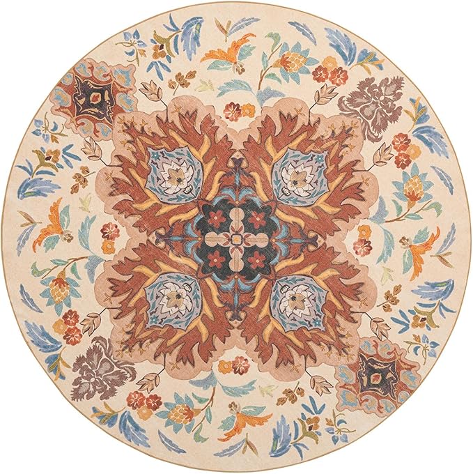 Phantoscope Washable Round Area Rug 6ft Non-Slip, Vintage Boho Rugs for Living Room, Bedroom, Dining Room, Fall Orange Floral Medallion Pattern, Low-Pile Foldable Floor Carpet, Rust/Multi Floral