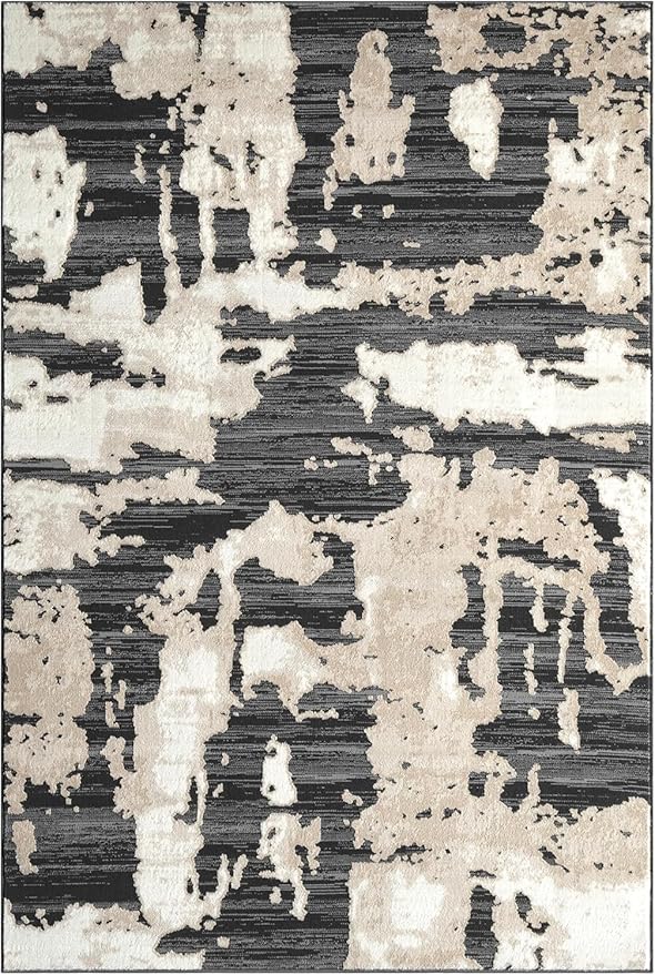 Abani Terra Cream Area Rug for Living Room, Bedroom - Black Abstract Pattern - 9' x 12' - Durable & Easy to Clean