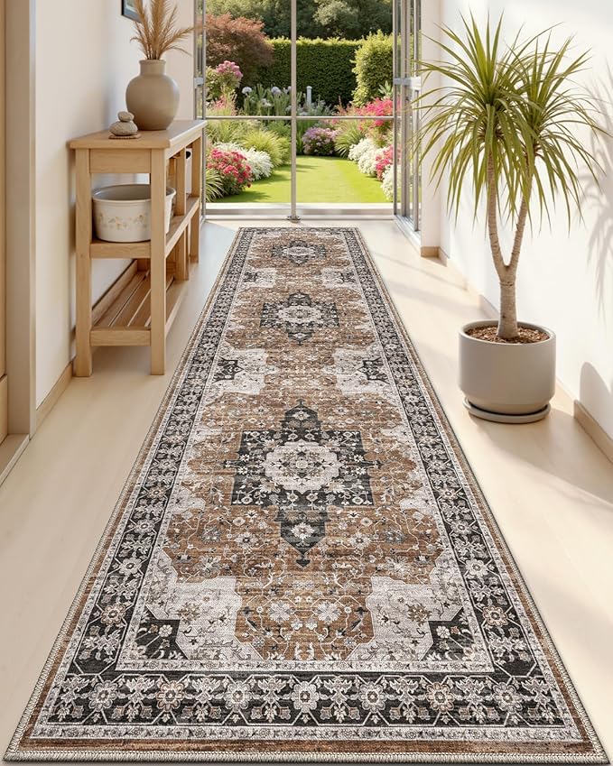 DEXI Hallway Runner Rug 3x8, Distressed Non Slip Runners Carpet, Boho Vintage Soft Thin Indoor Rug, Stain Resistant Washable Entry Mat for Entryway Kitchen Laundry Room Living Room, Brown