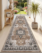 DEXI Hallway Runner Rug 3x12, Distressed Non Slip Runners Carpet, Boho Vintage Soft Thin Indoor Rug, Stain Resistant Washable Entry Mat for Entryway Kitchen Laundry Room Living Room, Brown
