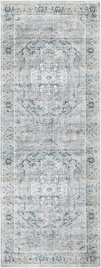 Bloom Rugs Washable Non-Slip 10 ft Runner - Cream/Light Blue/Teal Traditional Medallion Runner for Entryway, Hallway, Bathroom, and Kitchen - Exact Size: 2.5' x 10'