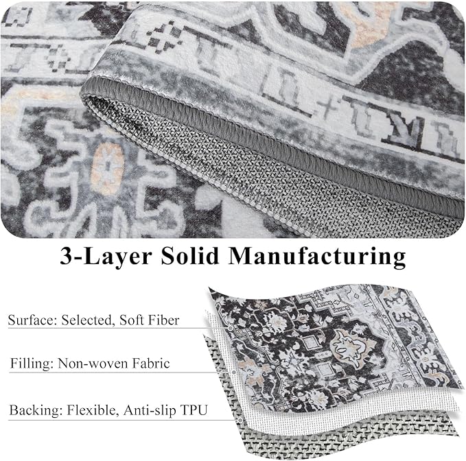 8x10 Large Area Rugs for Living Room, Washable Vintage Rugs-Low Pile Carpet, Non-Slip Soft Distressed Printed Patterns Rugs for Bedroom, Dining Room, Black
