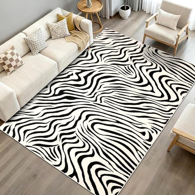YIHOUSE 5×7 Ft Area Rugs for Living Room: Modern Washable Rug - Abstract Black and Cream White Rug for Bedroom Dining Room Office Playroom Nursery Home Decor - Nonslip Non-Shedding Striped Rugs