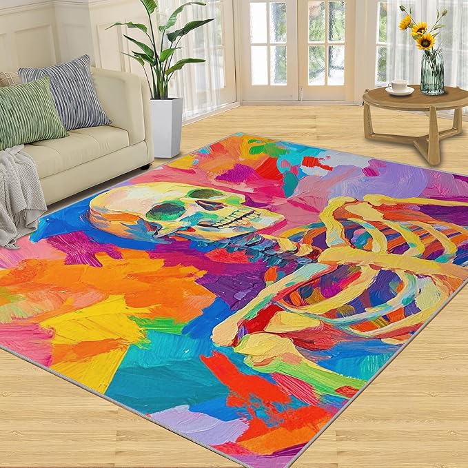 4x5 Abstract Graffiti Indoor Outdoor Rug - Colorful Skeletons Bedside Rug, Pop Art Washable Entry Way Rugs Kids Carpet for Inside House Playroom Living Room End Table Nursery