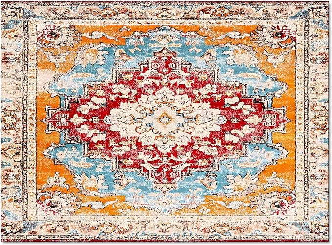 Bohemian Pattern Rectangular Area Rugs for Living Room Bedroom 3 x 5 ft Red & Orange Abstract Non-Shedding Soft Low Pile Rug Non Slip Washable Rug for Nursery Entryway Playroom