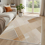 Minimalist Abstract Area Rug 3x4 Brown Boho, Modern Washable Stripe Art Rugs, Soft Non-Slip Low-Pile Carpet for Living Room, Bedroom, Kitchen, Dining Room, Pet Friendly, Non-Shedding, Beige