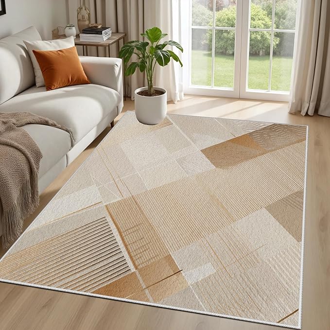 Minimalist Abstract Area Rug 6x9 Brown Boho, Modern Washable Stripe Art Rugs, Soft Non-Slip Low-Pile Carpet for Living Room, Bedroom, Kitchen, Dining Room, Pet Friendly, Non-Shedding, Beige