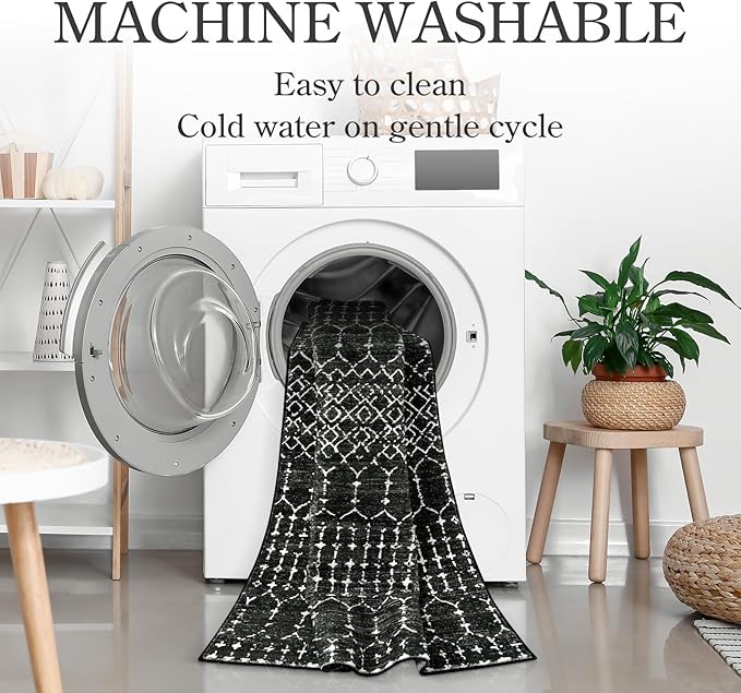 Lahome Moroccan Entry Rug 2x3, Non-Slip Washable Front Indoor Door Mat Rubber Backing Low-Profile Door Rugs, Small Geometric Print Distressed for Entryway Bathroom Kitchen, Black