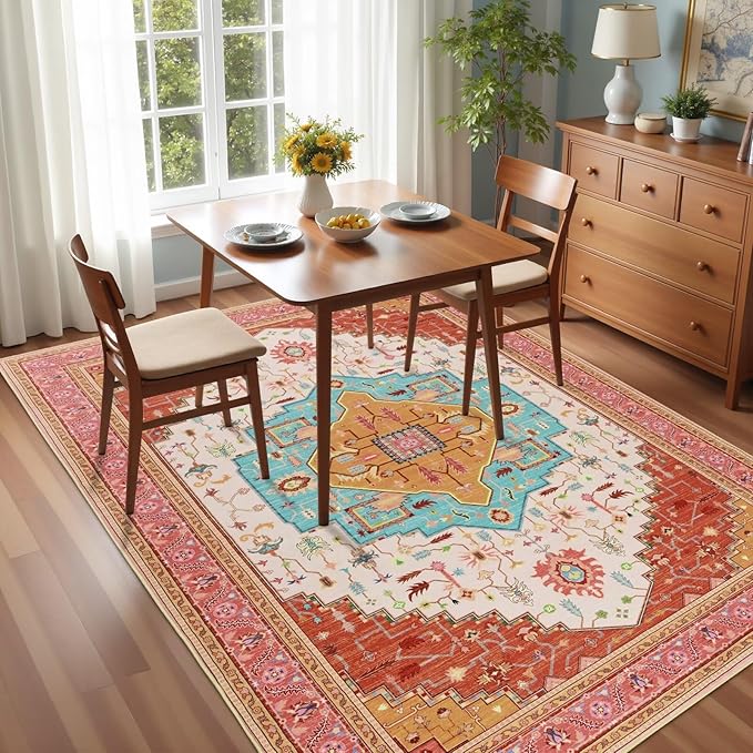 4x6 Orange Pink Area Rug for Living Room, Machine Washable Rugs with Non-Slip Backing for Bedroom, Vintage Medallion Carpet Kitchen Laundry Kids Room Decor
