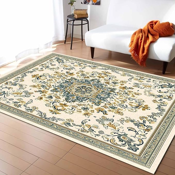 Bohemian Rectangular Area Rugs for Living Room Bedroom 4 x 6 ft Vintage Farmhouse Floral Pattern Non-Shedding Soft Low Pile Rug Non Slip Washable Rug for Nursery Entryway Playroom